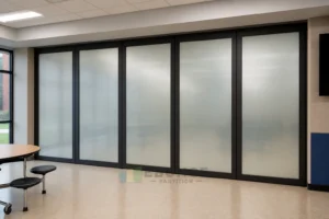 Interface de Trilho para Sala Multiuso Escolar em Instalação de Parede de Vidro Móvel