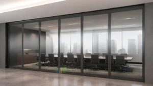 Aprovação do Padrão Frost em Sala de Reunião Financeira na Instalação de Parede de Vidro Móvel