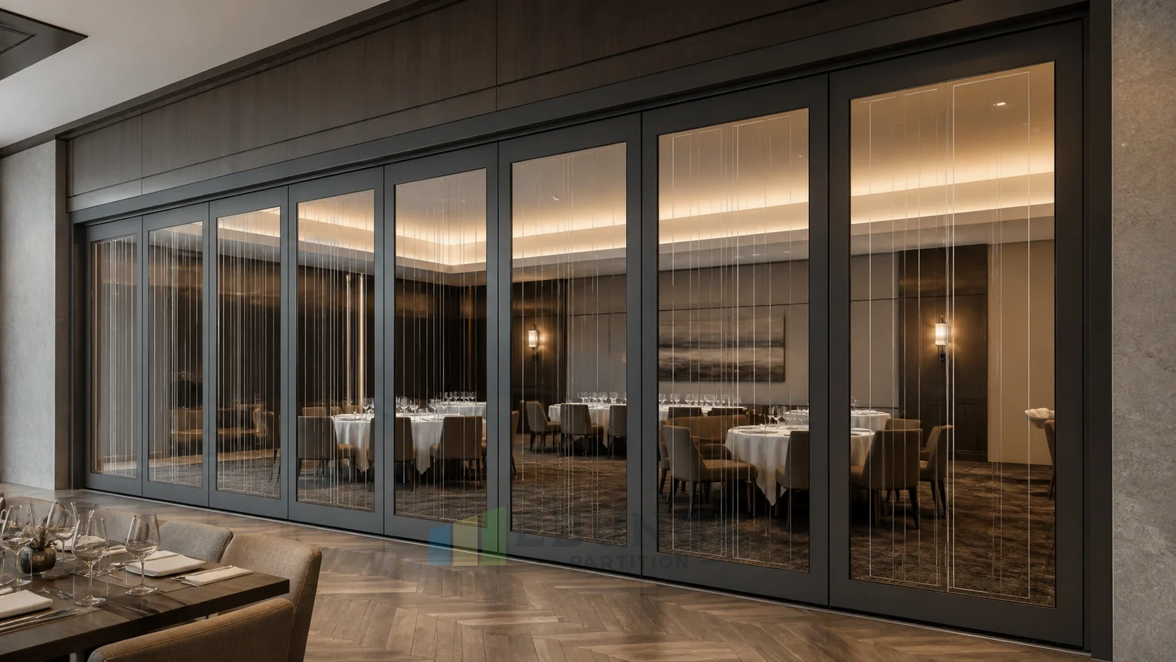 Paredes de Vidro Móveis para Suítes de Eventos de Restaurantes — vista de aplicação de abertura, conceito explicativo de parede de vidro móvel EBUNGE