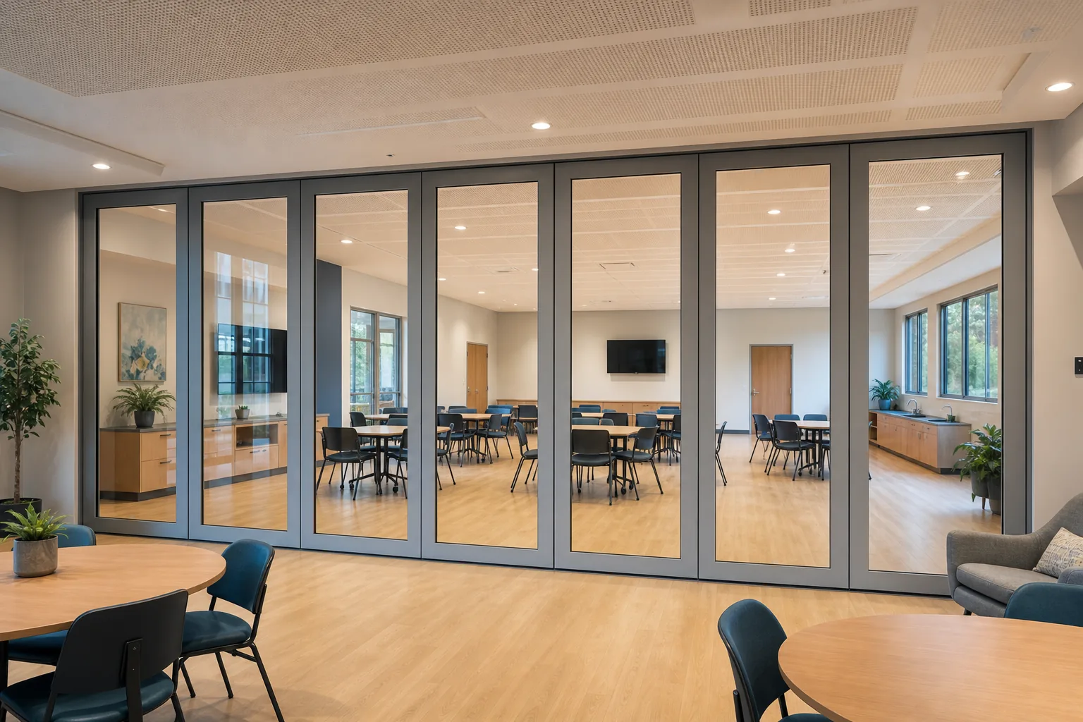 Como Planejar uma Parede de Vidro Móvel para um Centro Comunitário — vista explicativa da aplicação de abertura, conceito de parede de vidro móvel EBUNGE