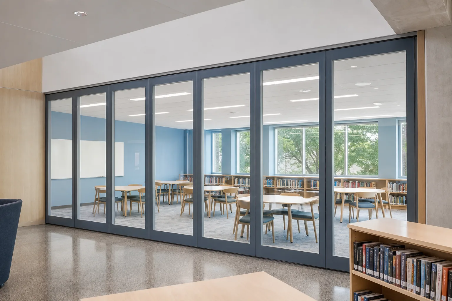 Planejamento de Parede de Vidro Móvel para um Learning Commons de Biblioteca — vista de aplicação de abertura, conceito explicativo de parede de vidro móvel EBUNGE