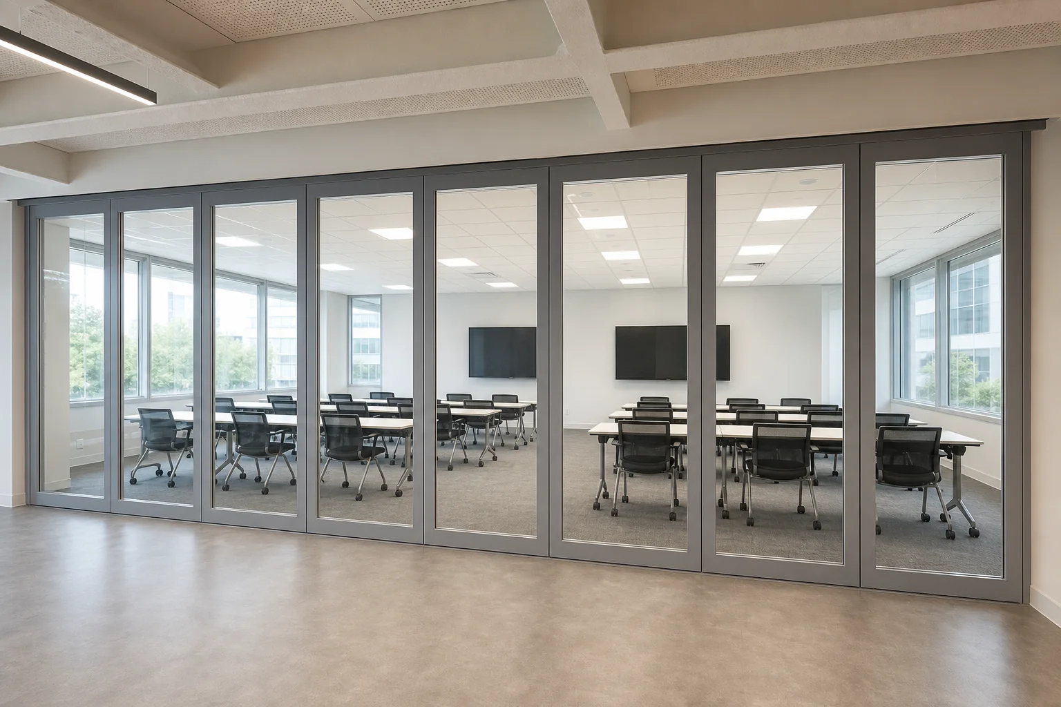 Planejamento de Sala de Treinamento Flexível com Paredes de Vidro Móveis — vista explicativa da aplicação de abertura, conceito de parede de vidro móvel EBUNGE